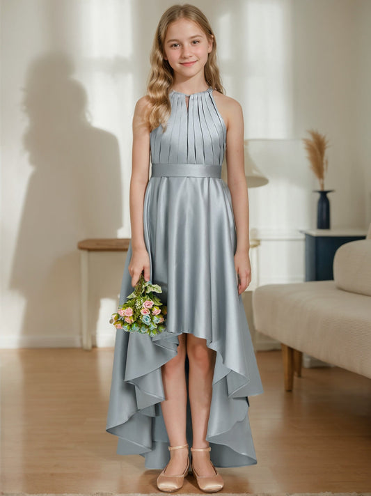 Elegant A-Line Halter Neck Sleeveless Tie Back High-Low Junior Bridesmaid Dress