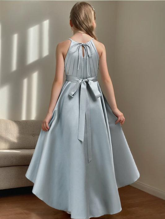 Elegant A-Line Halter Neck Sleeveless Tie Back High-Low Junior Bridesmaid Dress