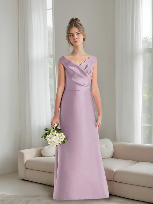 Elegant Satin A-Line V-Neck Cap Sleeve Junior Bridesmaid Dress