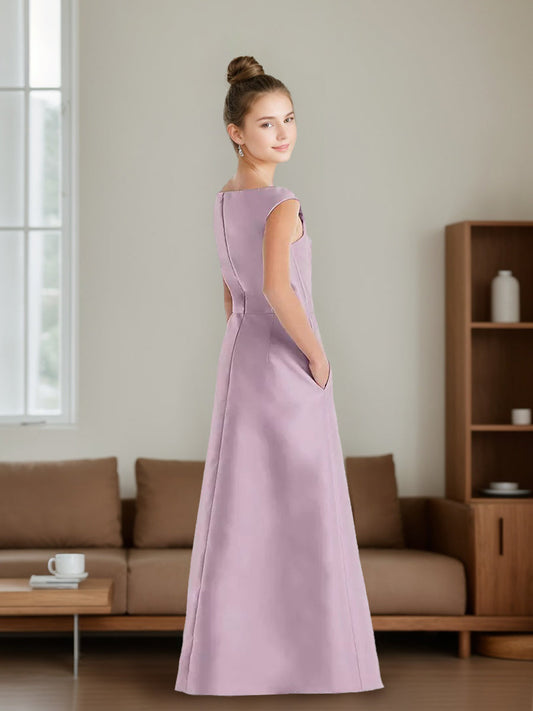 Elegant Satin A-Line V-Neck Cap Sleeve Junior Bridesmaid Dress
