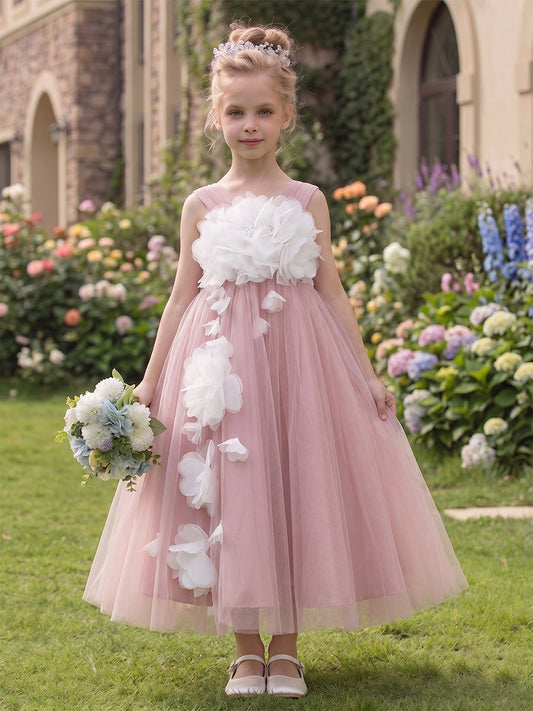 Dusty Rose 3D Floral Tulle Flower Girl Dress with Bow Back