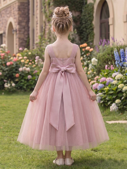 Dusty Rose 3D Floral Tulle Flower Girl Dress with Bow Back
