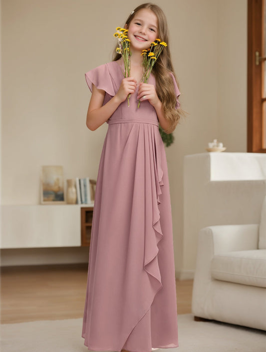 Romantic A-Line V-Neck Flutter Sleeve V-Back Floor-Length Junior Bridesmaid Dress