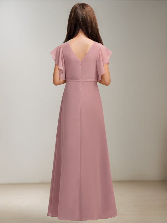Romantic A-Line V-Neck Flutter Sleeve V-Back Floor-Length Junior Bridesmaid Dress