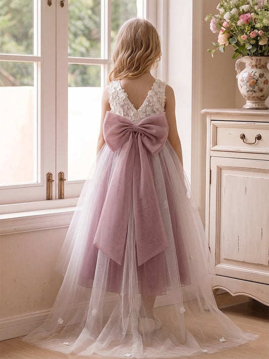 Romantic A-Line Round Neck Sleeveless V-Back Bow Flower Girl Dress