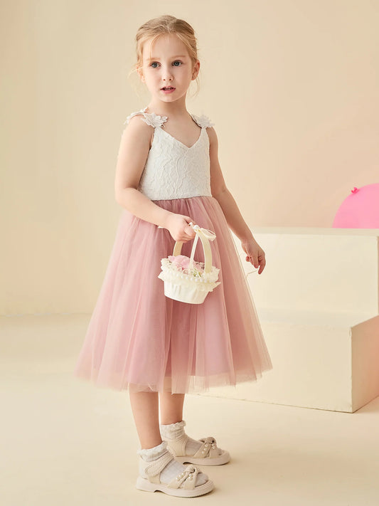 Heowos dusty rose and ivory flower girl dress with a V-neck floral lace bodice, applique shoulder straps and tea-length tulle skirt.