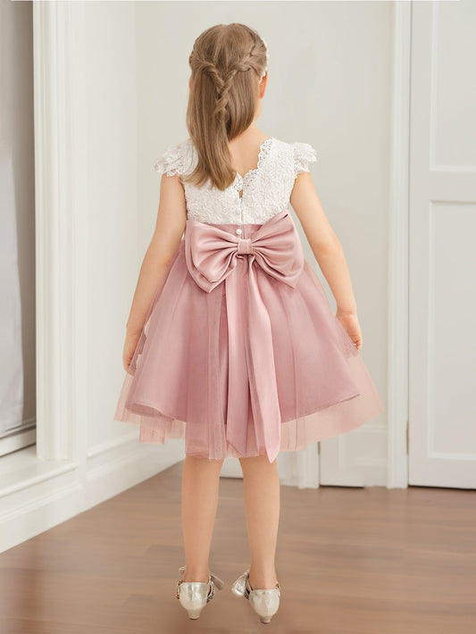 Charming A-Line Lace Round Neck Cap Sleeve Bow Back Flower Girl Dresses