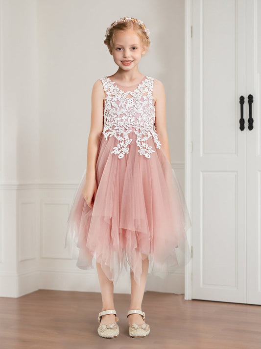 Romantic A-Line Lace Sleeveless Illusion Back Tulle Flower Girl Dress