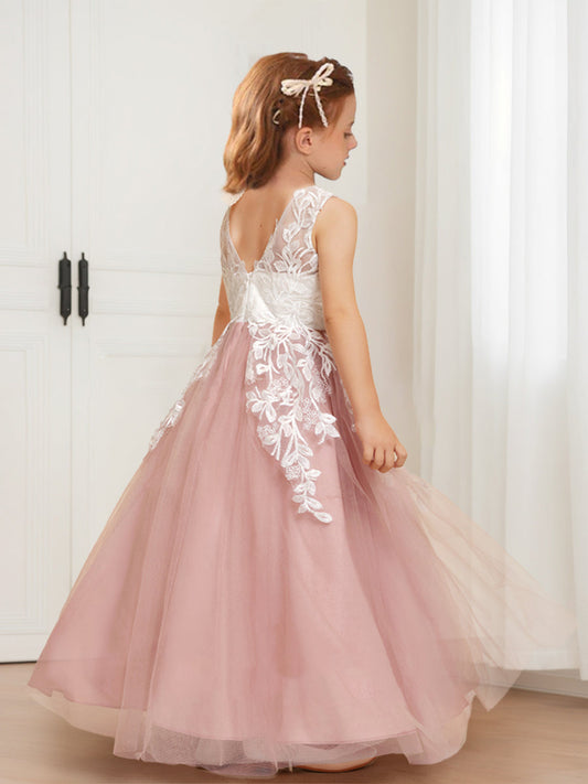 Elegant Tulle A-Line Illusion Neck V-Back Lace Flower Girl Dress