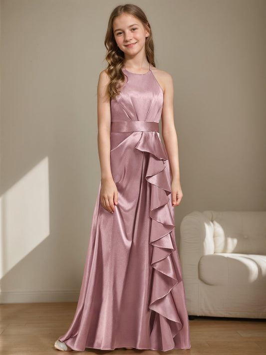 Elegant A-Line Halter Sleeveless Criss-Cross Back Floor-Length Junior Bridesmaid Dress