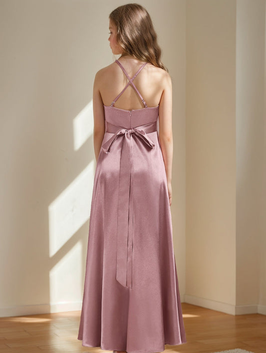 Elegant A-Line Halter Sleeveless Criss-Cross Back Floor-Length Junior Bridesmaid Dress