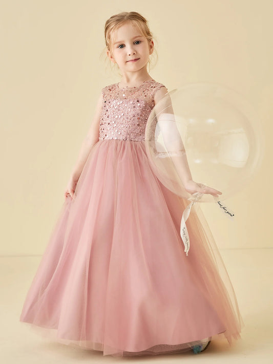 Sparkling A-Line Illusion-Neck Sleeveless Bow-Back Floor-Length Flower Girl Dresses