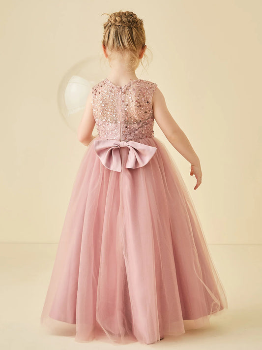 Sparkling A-Line Illusion-Neck Sleeveless Bow-Back Floor-Length Flower Girl Dresses