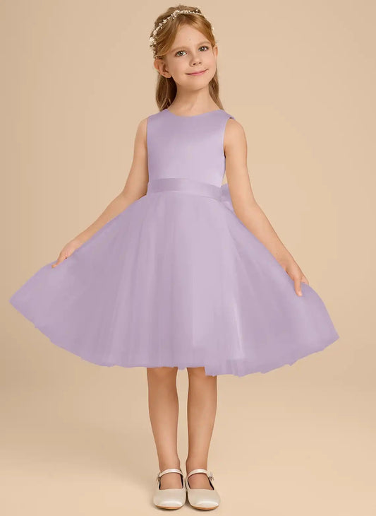 Elegant A-line Round Neck Sleeveless Heart Cutout Back Midi Flower Girl Dress