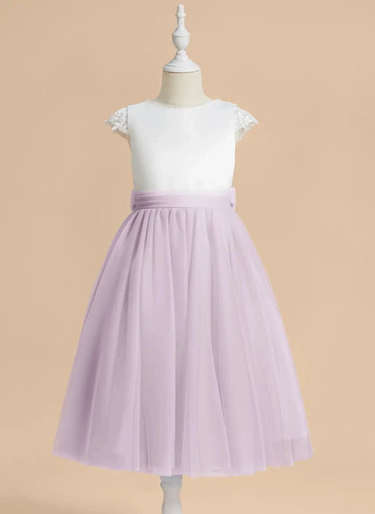 Soft A Line Round Neck Cap Sleeve V Back Midi Flower Girl Dress