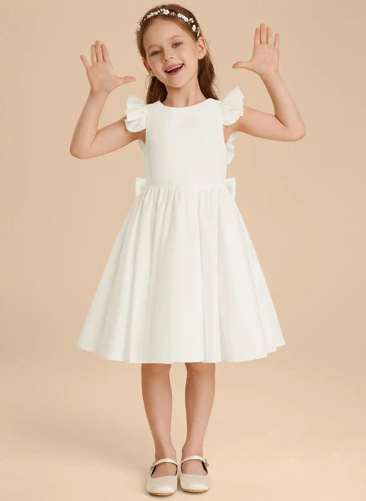 Satin A Line Round Neck Flutter Sleeve V Back Knee Length First Communion Dress