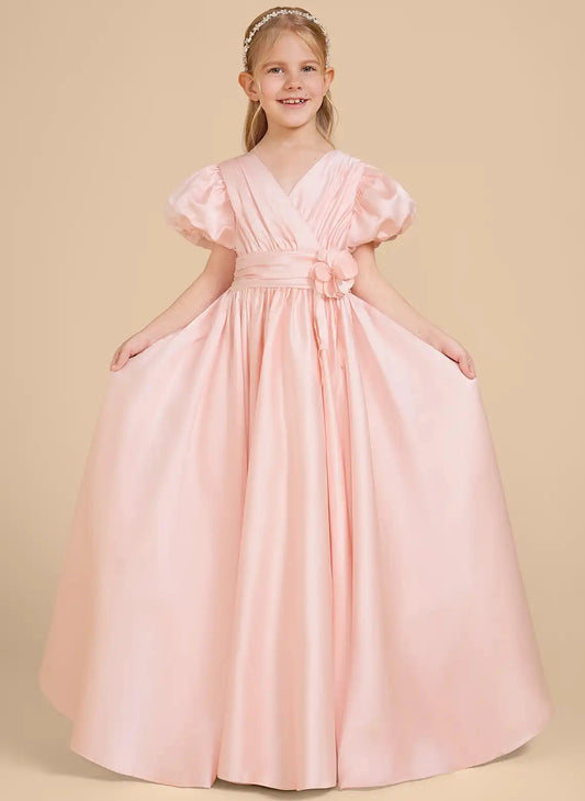 Elegant A?Line V?Neck Puff Sleeve Zipper?Back Floor?Length Flower Girl Dress