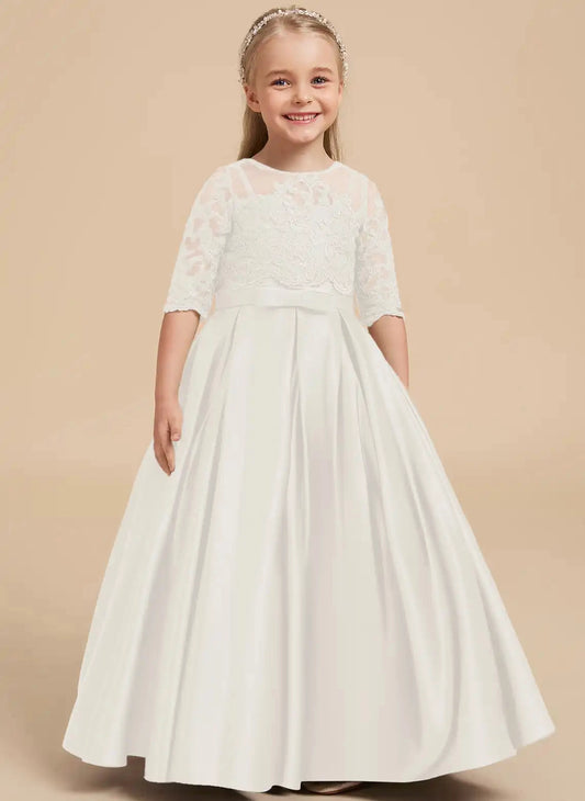 Elegant A Line Round Neck Elbow Sleeve Illusion Back Floor Length Flower Girl Dress