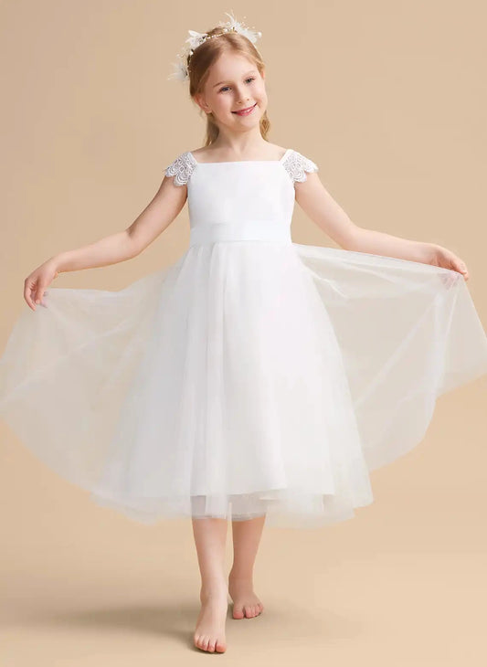Elegant A?Line Square Neck Cap Sleeve Bow Back Midi First Communion Dress