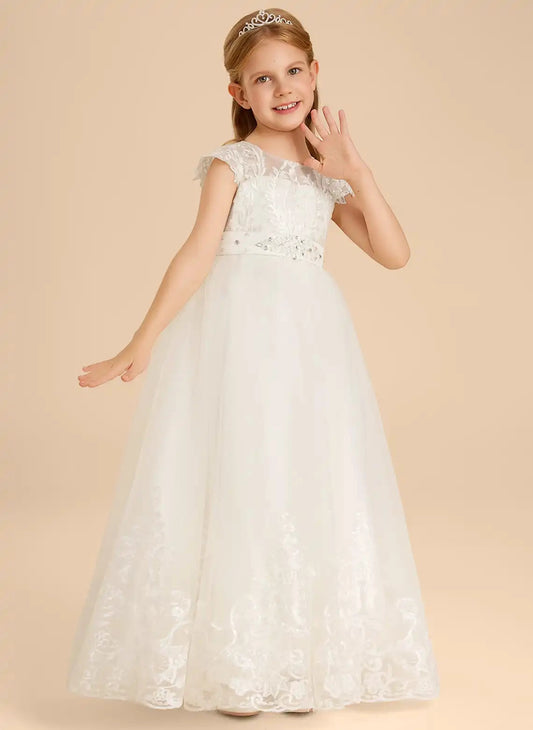 Elegant A?Line Round Neck Cap Sleeve Illusion Back Floor?Length First Communion Dress