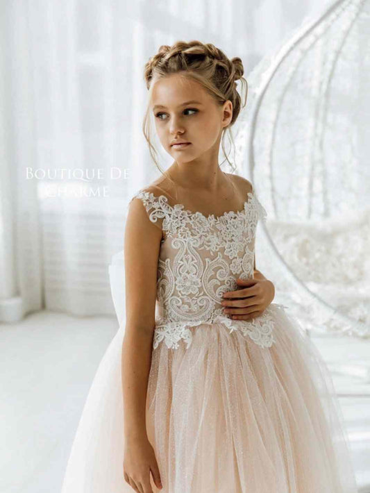 Champagne A-line Off Shoulder Cap Sleeve Sheer Back Train Flower Girl Dress
