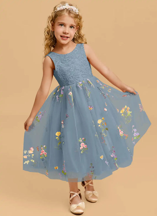 Pastel A-line Round Neck Sleeveless V Lace Back Midi Flower Girl Dress