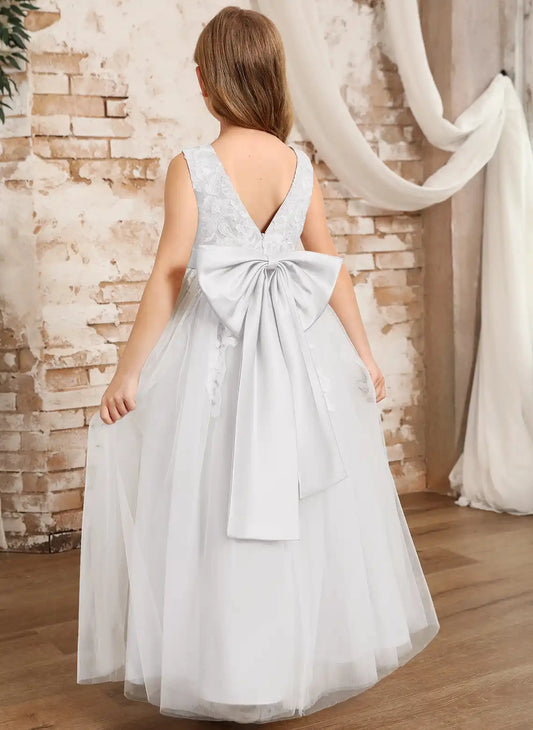Elegant A Line V Neck Sleeveless V Back Floor Length Flower Girl Dress