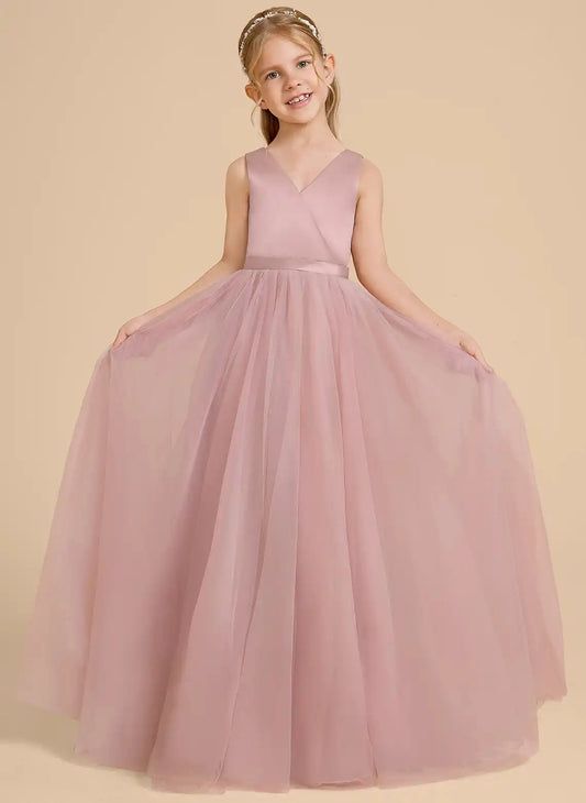 Elegant A?Line V?Neck Sleeveless Big Bow Back Floor?Length Flower Girl Dress