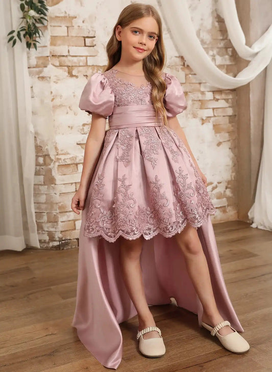 Elegant Hi?Lo A?Line Illusion Neck Puff Short Sleeve Illusion Back Hi?Lo Length Junior Bridesmaid Dress