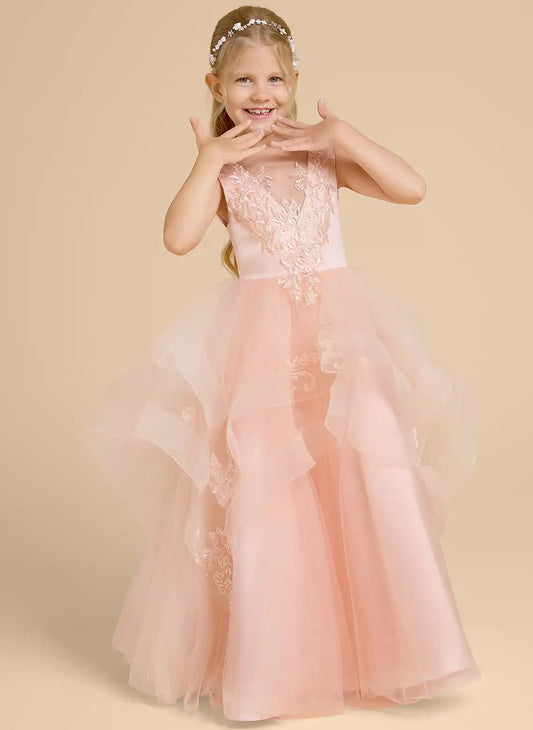 Elegant A?Line Illusion Neck Sleeveless V?Back Floor?Length Flower Girl Dress