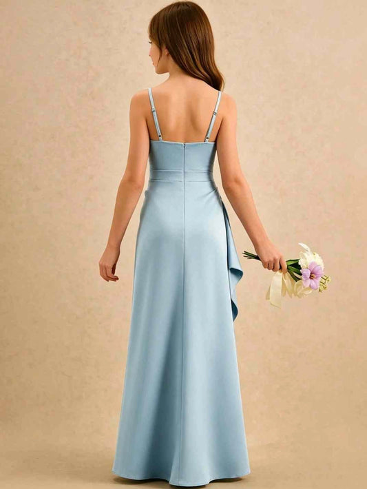 Elegant Sheath Square Neck Spaghetti Straps Open Back Floor Length Junior Bridesmaid Dress