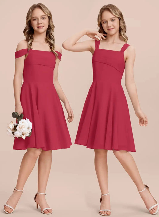Elegant A Line Off Shoulder Square Sleeveless Zipper Back Knee Length Junior Bridesmaid Dress
