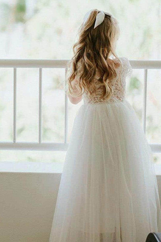 Elegant A-Line Round Neck Lace Sleeve Flower Girl Dress