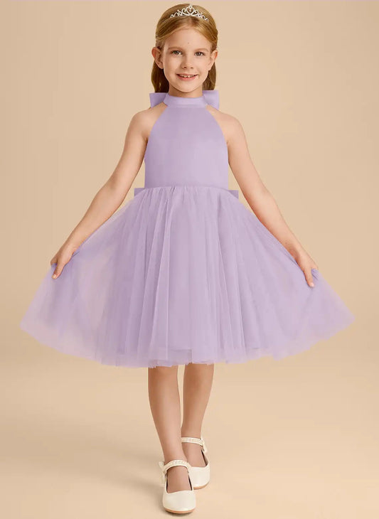 Elegant A Line Halter Sleeveless Bow Back Knee Length Flower Girl Dress