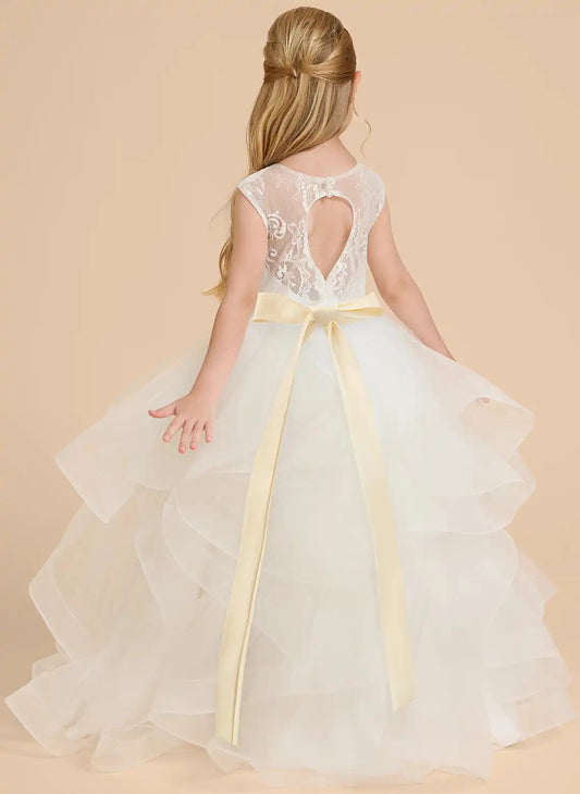 Elegant A-Line Round Neck Sleeveless Heart Cutout Back Long Flower Girl Dress