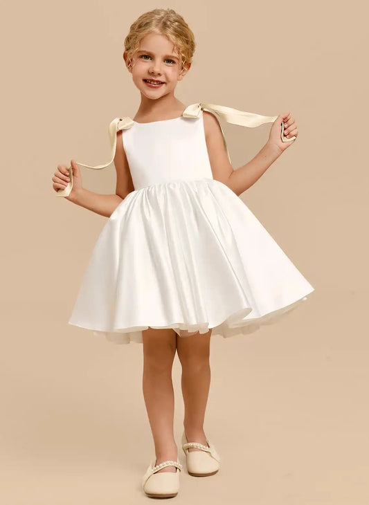 Satin A-Line Square Neck Sleeveless Zipper Back Knee-Length Flower Girl Dress