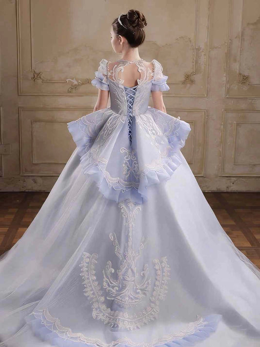 Luxury Ballgown Sweetheart Neck Puff Short Sleeve Cutout Lace?Up Back Train Flower Girl Dress