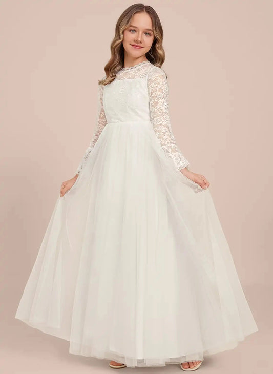 Elegant A?Line High Neck Bell Sleeve Keyhole Back Maxi Junior Bridesmaid Dress