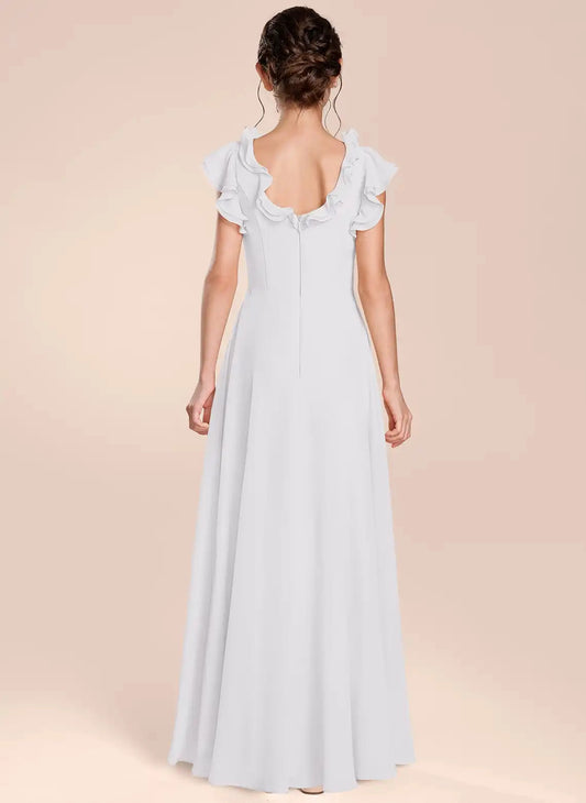 Elegant A?Line V?Neck Ruffle Cap Sleeve Scoop Back Floor?Length Junior Bridesmaid Dress