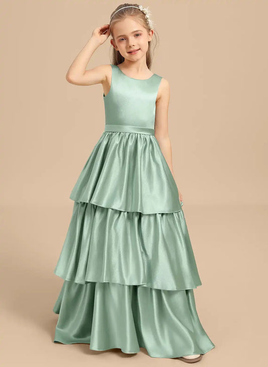 Luxury A Line Round Neck Sleeveless V Back Floor Length Junior Bridesmaid Dress
