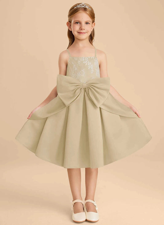 Elegant A Line Square Neck Sleeveless Lace Back Knee Length Flower Girl Dress