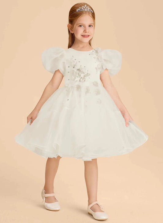 Elegant A?Line Round Neck Puff Sleeve Zipper?Back Knee?Length Flower Girl Dress