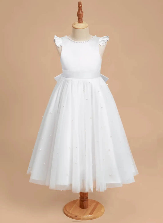 Elegant A Line Round Neck Flutter Sleeve V Back Midi Flower Girl Dress