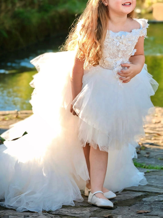 Romantic A-Line Floral Off Shoulder High-Low Flower Girl Dress