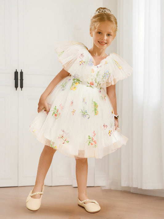 Whimsical Floral Tulle A-Line V-Neck Ruffle Sleeve Flower Girl Dress