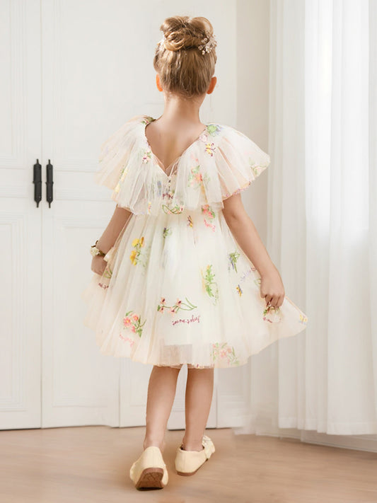 Whimsical Floral Tulle A-Line V-Neck Ruffle Sleeve Flower Girl Dress