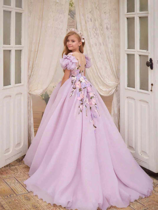 Lavender Ballgown Off Shoulder Puff Sleeve Sheer Back Train Length Flower Girl Dress
