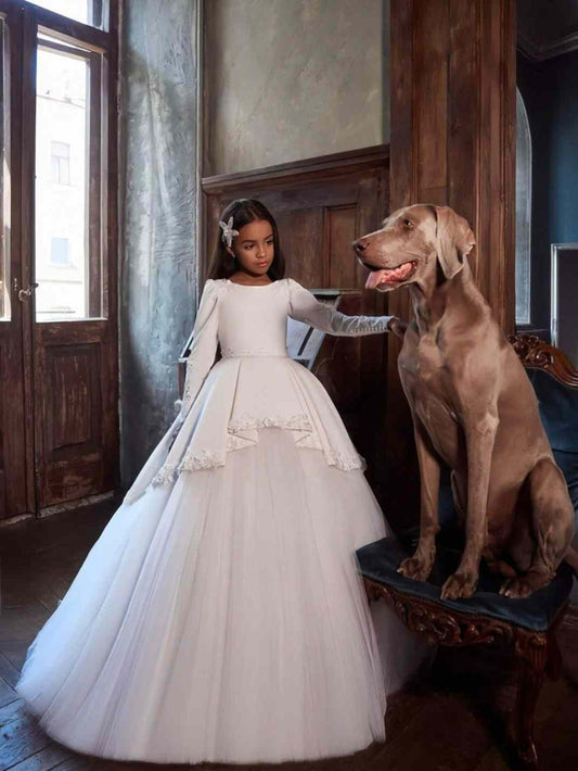 Luxury Ballgown Round Neck Long Sleeve Lace Back Train First Communion Dress
