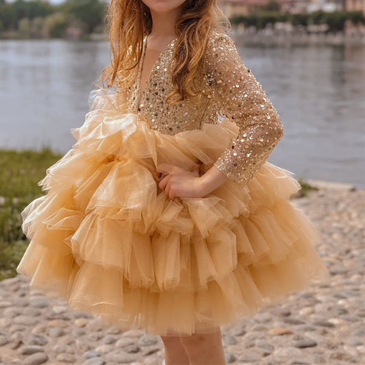 Sparkling Ball Gown V-Neck Sequin Ruffle Bow Birthday Party Dress