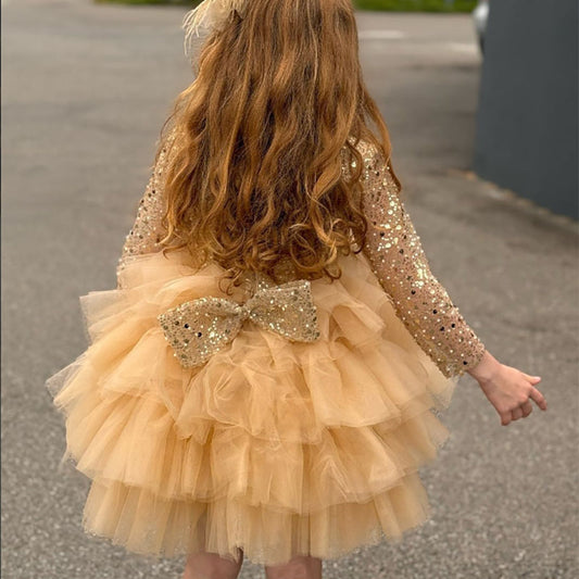 Sparkling Ball Gown V-Neck Sequin Ruffle Bow Birthday Party Dress